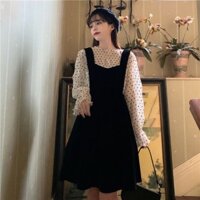 Đầm đen nữ cổ tròn retro dài dưới đầu gối, đầm thanh lịch màu đen