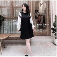 đầm đen suông tay trắng phối sọc