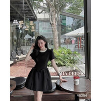 Đầm đen tay phồng dáng xòe đính đá cổ Miu Dress
