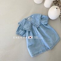 Đầm Denim Cổ Búp Bê Tay Phồng Phong Cách Hàn Quốc Thời Trang Mùa Hè Xinh Xắn Cho Bé Gái 0427