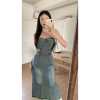 Đầm Denim dáng đai ôm eo phong cách Hàn Quốc cổ điển khoá lưng