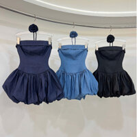 Đầm denim ống váy bí kèm hoa ( có lót quần ) , By MeiMei