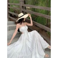 Đầm đi biển 2 dây hở lưng thiết kế xẻ ngực sang chảnh có sẵn mút ngực xinh đẹp