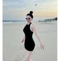 Đầm đi biển body thời trang nữ chất thun gân cổ dây không tay dáng váy ôm dài mini trẻ trung