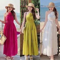 Đầm đi biển cổ yếm, váy maxi dáng dài hoa cổ chất đũi mát freesize dạo biển xinh xắn