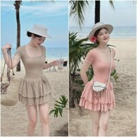 Đầm đi biển ôm body tay ngắn váy xếp tầng xòe kết bông vừa trẻ trung vừa sành điệu