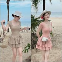 Đầm đi biển ôm body tay ngắn váy xếp tầng xòe kết bông vừa trẻ trung vừa sành điệu - NHƯ Ý
