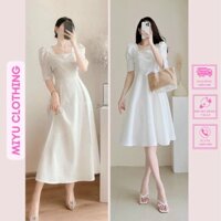 Đầm đi đám cưới váy dự tiệc dài tay lửng váy nữ trắng ngắn dài xòe chất liệu cotton gân mịn 2 lớp MiyuClothing