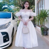 Đầm đi tiệc A401 kiểu 2 dây trễ vai dáng xòe dài qua gối chất tafta bóng lót lụa mix lưới hồ điệp  freesize KimHoa77