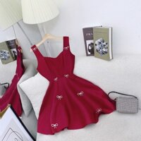 ĐẦM ĐỎ 2 DÂY BẢN HỞ THẮT NƠ LƯNG ĐÍNH NƠ ĐÁ