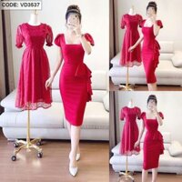 Đầm đỏ body tay đắp chéo bèo eo