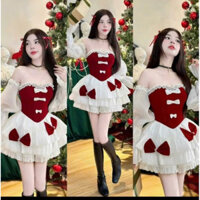 đầm đỏ mặc giáng sinh , đầm trễ vai tay dài tơ phối nhung 3 nơ to xoè tầng trễ vai có kèm quần trong alohastore1