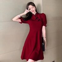 Đầm Đỏ Retro Siêu Cổ Tích Puff Tay Tính Khí Đầm Đen Nhỏ Mori Váy Cổ Tích