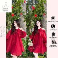 Đầm doll trễ vai voan đỏ có nơ ngực tay bồng, Váy trễ vai baby doll tiểu thư sang chảnh