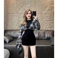 Đầm dự tiệc body sát nách màu đen phối tay áo sơ mi caro sang chảnh