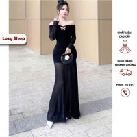 Đầm dự tiệc body trễ vai dài tay phối lưới kèm cài hồ điệp sang chảnh