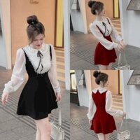 ĐẦM dự tiệc chất Nhung mix tay Voan cổ Ren họa tiết đính đá (có lót quần) dịp noel hoặc Tết