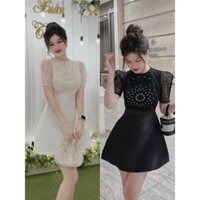Đầm dự tiệc cổ tròn tay bồng phối ren đính đá Miu House