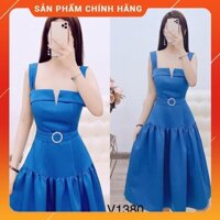 Đầm Dự Tiệc- Đầm 2 Dây Xanh Xòe Xếp Ly V1380- Chatfashion.vn1- Cao Cấp (Ảnh Thật Trải Sàn Do Shop Tự Chụp)
