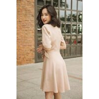 Đầm dự tiệc, đầm công sở dáng xòe buộc eo màu nude và xanh dương sang trọng CB (Minh Trang Shop)