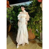 ĐẦM DỰ TIỆC ĐẦM DỰ TIỆC THỜI TRANG NỮ MAXI TUA RUA LƯỢN SÓNG TAY RỚT VAI CHẤT VOAN CÓ MÚT NGỰC + HOA ĐEO CỔ CỰC XINH