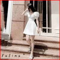 Đầm dự tiệc dáng xòe cúp ngực chữ V, phối ren cổ tay, may hai lớp, chất vải phi bóng - F019