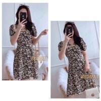 Đầm dự tiệc dáng xòe phối hoa nhí tay bo xinh xắn