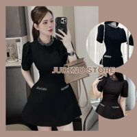 Đầm dự tiệc đen tay phồng đính đá cổ và túi, váy big size sang trọng, thiết kế thời trang cao cấp Bristy Dress - JU