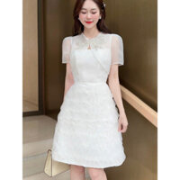 Đầm dự tiệc đính đá voan phối ren đứng form - Váy trắng nữ thiết kế sang chảnh đi ăn cưới - ẢNH THẬT