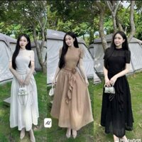 Đầm dự tiệc duyên dáng thiết kế thời trang chất ren tay ngắn cổ tròn đính bông eo dáng váy dài xoè đẹp xuất sắc
