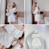 Đầm dự tiệc gấm trắng bẹt vai bèo phồng Venus Closet - SR165