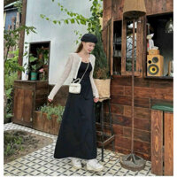 Đầm dự tiệc kèm áo khoác ren tay dài thời trang nữ chất thun gân cổ dây không tay dáng váy chữ A dài maxi trẻ trung