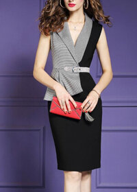 Đầm Dự Tiệc Kiểu Đầm Ôm Cổ Vest Phối Màu Kèm Phụ Kiện Eo GOTI3114 - ĐEN - M 48 - 53KG