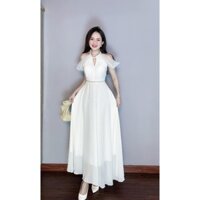 Đầm dự tiệc maxi trắng cổ yếm