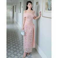 Đầm Dự Tiệc MAY M182 Đi Cưới Lễ Tết Tiệc Cuối Năm - Váy Ren Hồng Trễ Vai Dự Tiêc Trẻ Trung Chuẩn MAY