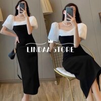 ĐẦM DỰ TIỆC MIDI BÚT CHÌ PHỐI TAY BỒNG LEEJUNG DRESS