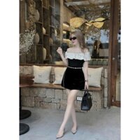 Đầm dự tiệc sang chảnh dễ thương chất nhung phối trắng bèo trễ vai viền đá ngực sáng không kèm dây eo