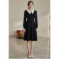 Đầm dự tiệc sang trọng đen cổ nhỏ phối lá cổ nhọn trắng