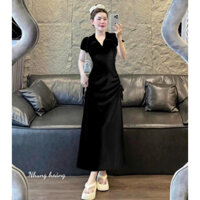 Đầm dự tiệc sang trọng thời trang nữ chất thun gân cổ bẻ tay ngắn rút dây 2 bên sườn dáng váy chữ A dài maxi.