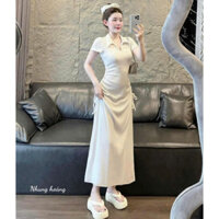 Đầm dự tiệc sang trọng thời trang nữ chất thun gân cổ bẻ tay ngắn rút dây 2 bên sườn dáng váy chữ A dài maxi.