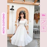 Đầm dự tiệc sang trọng trẻ trung cổ vuông tay voan nơ tôn da đi tiệc chất liệu tơ xốp mịn 2 lớp full Miyuclothing
