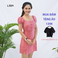 Đầm Dự Tiệc Sang Trọng Váy Nữ Caro Cổ Vuông Thiết Kế Tay Phồng Suông Dài Cao Cấp