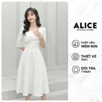 Đầm Dự Tiệc Thiết Kế ALICE Cổ Vuông Dập Ly Sang Trọng, Thiết Kế Dáng Dài Xòe, Tay Lỡ Thắt Eo Thanh Lịch V677