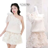 Đầm Dự Tiệc Thiết Kế Eo Thấp Vai Lệch Thắt Nơ Voan Đính Kết Hoa, Chất Xốp Ngọc Trai-LN58
