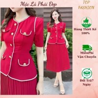 Đầm dự tiệc thiết kế giả set xếp ly màu đỏ siêu sang trọng TOPFASHION, Váy nữ công sở thu đông cao cấp