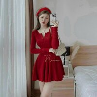 Đầm dự tiệc thời trang nữ chất thun gân cổ tròn xẻ đính nút tay áo dài váy xoè mini tôn dáng trẻ trung