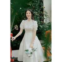 Đầm dự tiệc trắng dáng xòe váy đẹp tay nhún xếp kiểu chất liệu tằm ánh kim