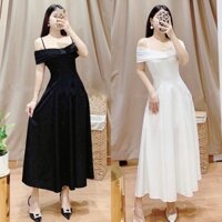 Đầm dự tiệc trễ vai maxi phối ren bi ảnh thật