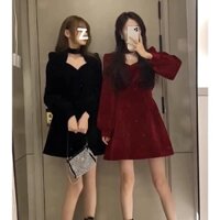 Đầm dự tiệc, váy tiểu thư chất nhung hở ngực tay dài hai màu đi tiệc sang chảnh