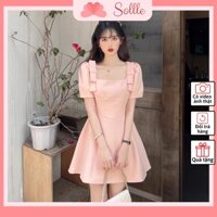 Đầm dự tiệc váy xòe thiết kế cổ vuông tay bồng tafta hồng trắng tiểu thư Hàn Quốc Sollle